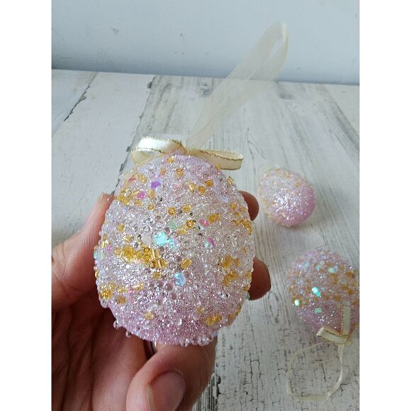Pier 1? Pink glitter egg Easter ornament gold sparkle beaded unique vintage Xmas - Picture 5 of 6